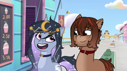 Size: 1334x750 | Tagged: safe, oc, oc only, oc:lucid waves, oc:moonheart, earth pony, unicorn, g5, my little pony: tell your tale, couple, duo, earth pony oc, horn, looking at each other, looking at someone, maretime bay, oc x oc, screenshot redraw, shipping, smiling, unicorn oc