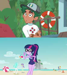 Size: 1920x2160 | Tagged: safe, edit, edited screencap, screencap, bulk biceps, micro chips, paisley, sandalwood, sci-twi, starlight, timber spruce, twilight sparkle, valhallen, human, equestria girls, equestria girls specials, g4, my little pony equestria girls: better together, my little pony equestria girls: forgotten friendship, turf war, beach, beach ball, clothes, female, glasses, hat, life preserver, male, one-piece swimsuit, peace sign, ponytail, rash guard, sci-twi swimsuit, ship:timbertwi, shipping, smiling, straight, swimsuit, timbertwi, traffic cone, umbrella