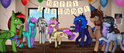 Size: 3257x1407 | Tagged: safe, artist:okimi, oc, oc only, oc:lightning weather, oc:lucid heart, oc:moonheart, oc:quickdraw, oc:sapphire spark, oc:silver edge, oc:swing time, :p, balloon, birthday, cake, calendar, couple, dancing, eating, food, friends, happy, laughing, muffin, oc x oc, party, present, shipping, smiling, tongue out, waving