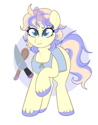 Size: 950x1220 | Tagged: safe, artist:lulubell, oc, oc only, oc:chiffonade charm, unicorn, apron, chef, clothes, female, horn, knife, mare, simple background, solo, spoon, white background