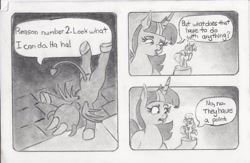 Size: 2000x1301 | Tagged: safe, artist:nedemai, twilight sparkle, alicorn, angel, devil, pony, g4, atg 2024, butt, comic, dialogue, female, grayscale, handstand, mare, monochrome, newbie artist training grounds, pencil drawing, plot, shoulder angel, shoulder devil, speech bubble, the emperor's new groove, traditional art, trio, twibutt, twilight sparkle (alicorn), upside down
