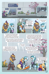 Size: 2079x3142 | Tagged: safe, artist:captainhoers, oc, oc only, oc:aurora (hoers), oc:concorde, oc:harvest ember, oc:seafire, earth pony, kirin, pegasus, pony, unicorn, comic:stardust:the sky belongs to no one, ..., airport, bipedal, clothes, comic, consoling, crying, dialogue, female, high res, horn, hug, kirin oc, male, mare, nonbinary, offspring, parent:soarin', parent:spitfire, parents:soarinfire, security guard, speech bubble, sunglasses, uniform, winghug, wings