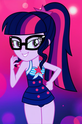 Size: 1102x1668 | Tagged: safe, artist:rosasmitt, sci-twi, twilight sparkle, equestria girls, g4, bare shoulders, clothes, one-piece swimsuit, sci-twi swimsuit, sleeveless, solo, swimsuit