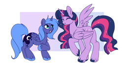 Size: 1275x707 | Tagged: safe, artist:lulubell, princess luna, twilight sparkle, alicorn, pony, g4, butt, chest fluff, colored hooves, crossed legs, duo, duo female, ethereal mane, ethereal tail, eyes closed, eyeshadow, female, folded wings, freckles, freckluna, gradient background, height difference, hooves, lesbian, looking at someone, makeup, mare, one wing out, open mouth, open smile, passepartout, plot, role reversal, s1 luna, ship:twiluna, shipping, smiling, sparkly mane, sparkly tail, tail, twilight sparkle (alicorn), unshorn fetlocks, wing freckles, wings