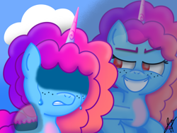 Size: 2160x1620 | Tagged: safe, artist:jesslmc16, misty brightdawn, pony, unicorn, emotional rollercoaster, g5, my little pony: tell your tale, spoiler:g5, spoiler:my little pony: tell your tale, spoiler:tyts02e15, cloud, crying, duo, duo female, evil smile, female, horn, red eyes, self paradox, shadow misty, signature, simple background, sky, smiling, that was fast, transparent