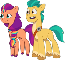 Size: 735x686 | Tagged: safe, edit, edited screencap, editor:pascalmulokozi2, screencap, hitch trailblazer, sunny starscout, earth pony, pony, g5, background removed, duo, duo male and female, female, male, mane stripe sunny, mare, not a vector, open mouth, physique difference, simple background, stallion, transparent background