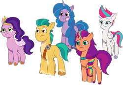 Size: 1324x919 | Tagged: safe, edit, edited screencap, editor:pascalmulokozi2, screencap, hitch trailblazer, izzy moonbow, pipp petals, sunny starscout, zipp storm, earth pony, pegasus, pony, unicorn, g5, my little pony: tell your tale, background removed, female, horn, male, mane five, mane stripe sunny, mare, not a vector, simple background, stallion, transparent background