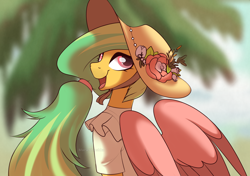 Size: 2894x2039 | Tagged: safe, artist:marsel1nushka, oc, oc only, pegasus, pony, clothes, colored wings, flower, hat, open mouth, open smile, pegasus oc, smiling, solo, tree, two toned mane, wings