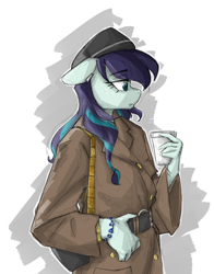 Size: 1800x2300 | Tagged: safe, artist:cirtierest, coloratura, earth pony, anthro, g4, bracelet, clothes, coat, cup, female, floppy ears, jewelry, looking away, solo