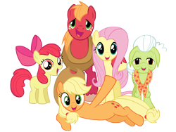 Size: 6000x4500 | Tagged: safe, anonymous artist, apple bloom, applejack, big macintosh, fluttershy, granny smith, earth pony, pegasus, pony, g4, absurd resolution, adorabloom, apple bloom's bow, apple family, applejack's hat, blank flank, bow, cowboy hat, cute, female, filly, foal, hair bow, hat, hoof around neck, looking at you, lying down, male, mare, on side, open mouth, open smile, outstretched hoof, ship:fluttermac, shipping, simple background, smiling, smiling at you, stallion, straight, transparent background, vector