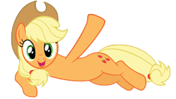 Size: 4000x2250 | Tagged: safe, anonymous artist, applejack, earth pony, pony, g4, applejack's hat, cowboy hat, female, hat, high res, looking at you, lying down, mare, on side, open mouth, open smile, outstretched hoof, simple background, smiling, smiling at you, solo, transparent background, vector