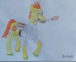 Size: 3032x2504 | Tagged: safe, artist:blackblade360, oc, oc only, oc:blaze (blackblade360), earth pony, pony, fallout equestria, armor, clothes, colored pencil drawing, creepy, creepy smile, earth pony oc, fallout, green coat, irl, male, orange mane, orange tail, paper, photo, raider, raider armor, rapeface, signature, simple background, smiling, solo, stallion, stallion oc, tail, torch, traditional art, unshorn fetlocks, walking