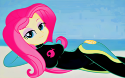 Size: 4096x2572 | Tagged: safe, artist:rosasmitt, fluttershy, human, equestria girls, g4, bedroom eyes, clothes, female, fluttershy's wetsuit, looking at you, lying down, solo, swimsuit, wetsuit