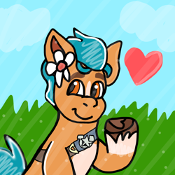 Size: 1000x1000 | Tagged: artist needed, safe, hitch trailblazer, earth pony, pony, g5, best pony, blaze (coat marking), brown eyes, cloud, coat markings, facial markings, floating heart, flower, flower on ear, grass, heart, male, raised hoof, raised hooves, sky, smiling, socks (coat markings), solo, stallion, underhoof