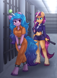 Size: 2145x2900 | Tagged: safe, artist:madelinne, izzy moonbow, sunny starscout, earth pony, unicorn, anthro, unguligrade anthro, g5, ankle chain, breasts, clothes, commissioner:rainbowdash69, cuffs, duo, duo female, female, horn, jumpsuit, mane stripe sunny, never doubt rainbowdash69's involvement, prison, prison outfit, prisoner, prisoner im