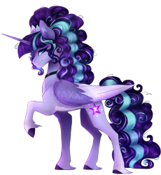 Size: 4520x4920 | Tagged: safe, artist:maxxacure, oc, oc only, oc:dawn star sparkle, alicorn, absurd resolution, alicorn oc, commission, concave belly, curly mane, eye clipping through hair, eyebrows, eyebrows visible through hair, female, folded wings, horn, large wings, looking at you, mare, pale belly, purple mane, raised hoof, side view, signature, slender, smiling, smiling at you, solo, thin, watermark, wings