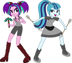 Size: 3046x2672 | Tagged: safe, artist:sketchmcreations, aria blaze, sonata dusk, equestria girls, g4, arrow, clothes, cosplay, costume, crafter, diamond pickaxe, dispenser, dress, female, minecraft, pants, pickaxe, shirt, shoulderless, simple background, transparent background, vector