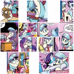 Size: 3840x3840 | Tagged: safe, artist:andy price, idw, official comic, coco pommel, fluttershy, rarity, earth pony, pegasus, pony, unicorn, g4, spoiler:comic, spoiler:comic64, clothes, cup, cute, horn, hug, short hair, teacup, teapot