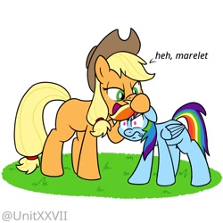 Size: 1000x1000 | Tagged: safe, artist:unitxxvii, applejack, rainbow dash, earth pony, pegasus, pony, g4, amazon, appledom, duo, duo female, female, floppy ears, frown, height difference, height supremacy, hoof on head, marelet, missing cutie mark, mocking, rainbow dash is not amused, simple background, smoldash, smug, teasing, unamused, white background