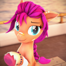 Size: 2160x2160 | Tagged: safe, artist:psfmer, sunny starscout, earth pony, pony, g4, g5, my little pony: a new generation, 3d, bandaid, bandaid on nose, braid, braided ponytail, female, g5 to g4, generation leap, high res, looking at you, mare, ponytail, smiling, solo, source filmmaker, unshorn fetlocks