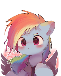 Size: 1546x1920 | Tagged: safe, artist:柏雪闻采edge_, rainbow dash, pegasus, pony, g4, blushing, clothes, cute, dashabetes, ear fluff, female, looking at you, mare, signature, solo, spread wings, wings