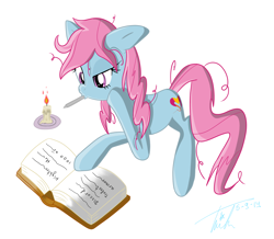 Size: 2000x1745 | Tagged: artist needed, safe, oc, oc only, oc:maredrid, pony, book, candle, pencil in mouth, simple background, solo, white background