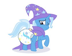 Size: 1190x918 | Tagged: safe, artist:paddedretron, trixie, pony, unicorn, g4, butt, cape, clothes, cutie mark diapers, diaper, diaper fetish, female, fetish, hat, horn, looking back, mare, non-baby in diaper, one eye closed, plot, poofy diaper, rear view, simple background, solo, tail, tail hole, trixie's cape, trixie's hat, white background, wink