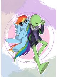 Size: 1440x1920 | Tagged: safe, artist:柏雪闻采edge_, rainbow dash, oc, oc:anon, human, pegasus, pony, g4, backwards cutie mark, clothes, duo, duo male and female, ear fluff, female, headphones, human and pony, male, mare, open mouth, signature, smiling, spread wings, sunglasses, wings