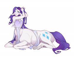 Size: 2048x1592 | Tagged: safe, artist:skirtzzz, rarity, centaur, taur, g4, clothes, female, hooves, horn, lying down, signature, simple background, solo, tail, white background