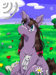 Size: 1535x2048 | Tagged: safe, artist:ange1egg, artist:mimill3, oc, oc only, pony, unicorn, blue eyes, brown hair, brown tail, cloud, flower, grass, horn, outdoors, plushie, purple coat, sky, solo, tail, unicorn oc