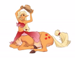 Size: 2048x1593 | Tagged: safe, artist:skirtzzz, applejack, centaur, taur, g4, applejack's hat, clothes, cowboy hat, female, hat, hooves, lying down, signature, simple background, solo, tail, white background