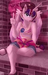 Size: 1800x2800 | Tagged: safe, artist:sixes&sevens, princess cadance, alicorn, anthro, g4, alternate hairstyle, beanie, clothes, female, graffiti, hat, looking at you, pansexual pride flag, peace sign, peace symbol, pride, pride flag, sandals, shorts, sitting, smiling, solo, tie dye, tongue out
