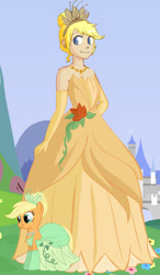 Size: 400x687 | Tagged: safe, artist:glittertiara, applejack, human, pony, g4, alternate hairstyle, applejack also dresses in style, clothes, disney, dress, evening gloves, female, flower, gloves, gown, jewelry, long gloves, mare, necklace, rose, smiling, the princess and the frog, tiana