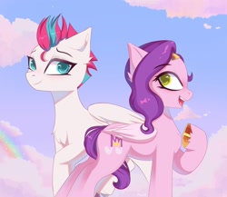 Size: 2048x1781 | Tagged: safe, artist:maxi_ponie, pipp petals, zipp storm, pegasus, pony, g5, chest fluff, cloud, concave belly, duo, duo female, ear fluff, eyebrows, eyebrows visible through hair, female, folded wings, mare, open mouth, open smile, profile, raised hoof, royal sisters (g5), siblings, side view, sisters, skinny pipp, sky, sky background, smiling, unshorn fetlocks, wings