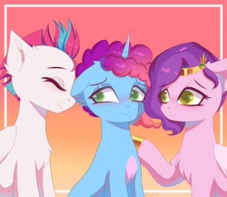 Size: 2048x1781 | Tagged: safe, artist:maxi_ponie, misty brightdawn, pipp petals, zipp storm, pegasus, pony, unicorn, g5, adorapipp, adorazipp, cute, diadem, eyes closed, female, floppy ears, folded wings, freckles, gradient background, headband, horn, jewelry, mare, mistybetes, profile, raised hoof, rebirth misty, regalia, royal sisters (g5), siblings, side view, sisters, sitting, smiling, trio, trio female, unshorn fetlocks, wings