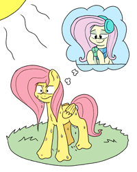 Size: 1239x1548 | Tagged: safe, artist:doodledonutart, fluttershy, pegasus, pony, g4, atg 2024, earmuffs, female, flutterbutter, frown, hot, mare, melting, newbie artist training grounds, relatable, smiling, solo, summer, sun, sweat, sweatdrops, thought bubble, wavy mouth, winter