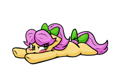 Size: 1031x689 | Tagged: safe, artist:zutcha, posey bloom, earth pony, pony, g5, angry, blushing, cute, eye clipping through hair, female, flat fuck friday, floppy ears, furrowed brow, lying down, madorable, mare, posey bloom is not amused, prone, simple background, solo, sploot, unamused, white background