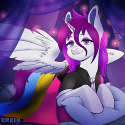 Size: 2000x2000 | Tagged: safe, alternate character, alternate version, artist:erein, oc, oc only, oc:mewies, alicorn, pony, alicorn oc, bedroom, clothes, commission, demipansexual, demipansexual pride flag, ears up, eyeshadow, female, flag, garland, high res, horn, indoors, lgbt, looking at you, makeup, multicolored hair, multicolored tail, necktie, night, pillow, pride, pride flag, pride month, room, shirt, smiling, smiling at you, solo, spread wings, string lights, tail, white fur, wings, ych result