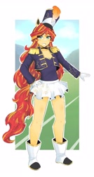 Size: 2499x4677 | Tagged: safe, artist:deeemperor, sunset shimmer, equestria girls, g4, boots, choker, clothes, coat, cute, female, gloves, grin, hat, legs, marching band, marching band uniform, passepartout, ponied up, pony ears, shimmerbetes, shirt, shoes, skirt, smiling, solo, tail, uniform