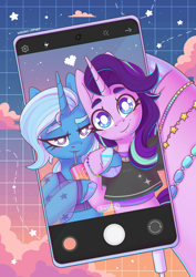 Size: 2480x3508 | Tagged: safe, artist:wavecipher, starlight glimmer, trixie, pony, unicorn, g4, bipedal, blushing, bracelet, cellphone, cloud, drink, duo, duo female, female, girlfriend, gradient background, grid, high res, holding hooves, horn, jewelry, lesbian, lidded eyes, phone, selfie, ship:startrix, shipping, smiling, stars, vaporwave