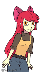 Size: 2039x2894 | Tagged: safe, artist:tacoman dusct, apple bloom, equestria girls, g4, clothes, denim, jeans, looking at you, pants, simple background, smiling, smiling at you, solo, white background