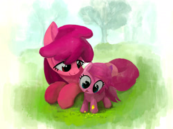 Size: 2732x2048 | Tagged: safe, artist:mandumustbasukanemen, berry punch, berryshine, piña colada, earth pony, pony, g4, atg 2024, cute, duo, female, filly, flower, foal, grass, mare, newbie artist training grounds, outdoors, siblings, sisters