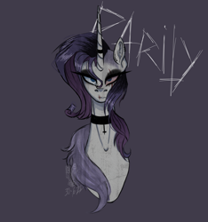 Size: 2588x2760 | Tagged: safe, artist:death.alicorn, rarity, pony, unicorn, g4, bloodshot eyes, bust, choker, cross, dark, emo, eye scar, facial scar, female, horn, horn ring, inverted cross, looking at you, mare, purple background, ring, scar, simple background, solo