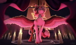 Size: 4500x2700 | Tagged: safe, artist:unt3n, oc, oc only, oc:lumi heartstrings, alicorn, pony, candle, cloven hooves, commission, magic, magic circle, solo, spread wings, summoning, summoning circle, wings