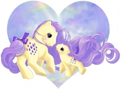 Size: 664x483 | Tagged: safe, artist:scholtenart, baby lemon drop, lemon drop, earth pony, pony, g1, baby, baby pony, bow, cloud, female, filly, foal, heart, heart background, looking at each other, looking at someone, mother and child, mother and daughter, rainbow, simple background, sky, tail, tail bow, white background
