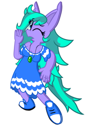 Size: 1730x2474 | Tagged: safe, artist:silvaqular, oc, oc only, oc:cyanette, earth pony, anthro, blue eyes, cartoon physics, clothes, dress, earth pony oc, flattened, flattening, frown, jewelry, long dress, multicolored hair, multicolored mane, necklace, paralyzed, shoes, simple background, slammed, solo, squashed, squished, white background