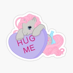 Size: 600x600 | Tagged: safe, artist:scholtenart, snuzzle, earth pony, pony, g1, bow, candy, conversation heart, food, gray coat, heart, holiday, pink mane, simple background, solo, sticker, tail, tail bow, valentine's day