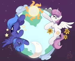 Size: 3256x2668 | Tagged: safe, artist:joaothejohn, princess celestia, princess luna, alicorn, pony, g4, cloud, constellation, cute, duo, duo female, equestria, female, flag of equestria, flower, horn, moon, mountain, pink-mane celestia, siblings, sisters, space, stars, sun, sunflower, wings, young luna, younger