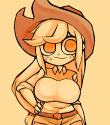 Size: 1157x1323 | Tagged: safe, artist:kyouman1010, applejack, human, equestria girls, g4, applejack's hat, belt, clothes, cowboy hat, freckles, hand on hip, hat, shirt, smiling, solo