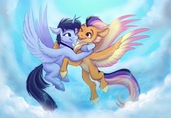 Size: 4096x2829 | Tagged: safe, artist:klarapl, oc, oc only, alicorn, pegasus, pony, alicorn oc, blue coat, cheek to cheek, cloud, coat markings, colored wings, cute, duo, female, floppy ears, flying, happy, horn, hug, jewelry, looking at each other, looking at someone, male, mare, multicolored hair, multicolored wings, necklace, one eye closed, orange coat, pegasus oc, sky, sky background, smiling, spread wings, stallion, two toned mane, wings